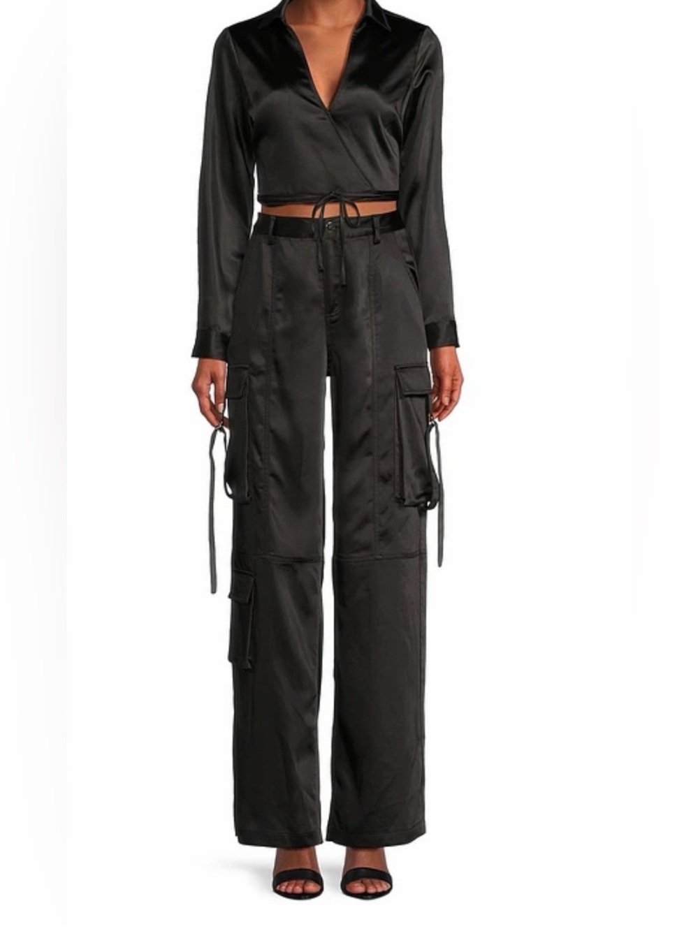 Gianni Bini satin black wide leg cargo pants